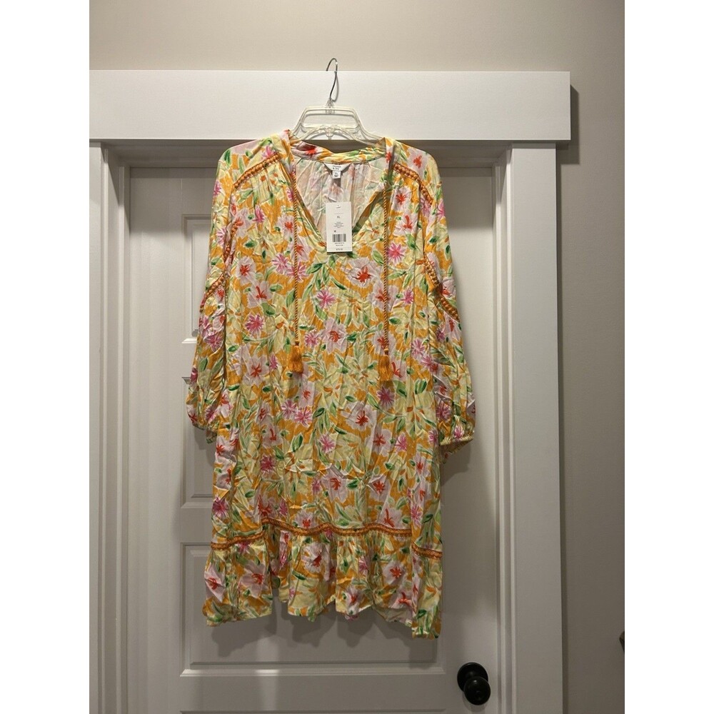 New Crown & Ivy Floral Dress Long Balloon Sleeves Size XL Tassels Beach Preppy